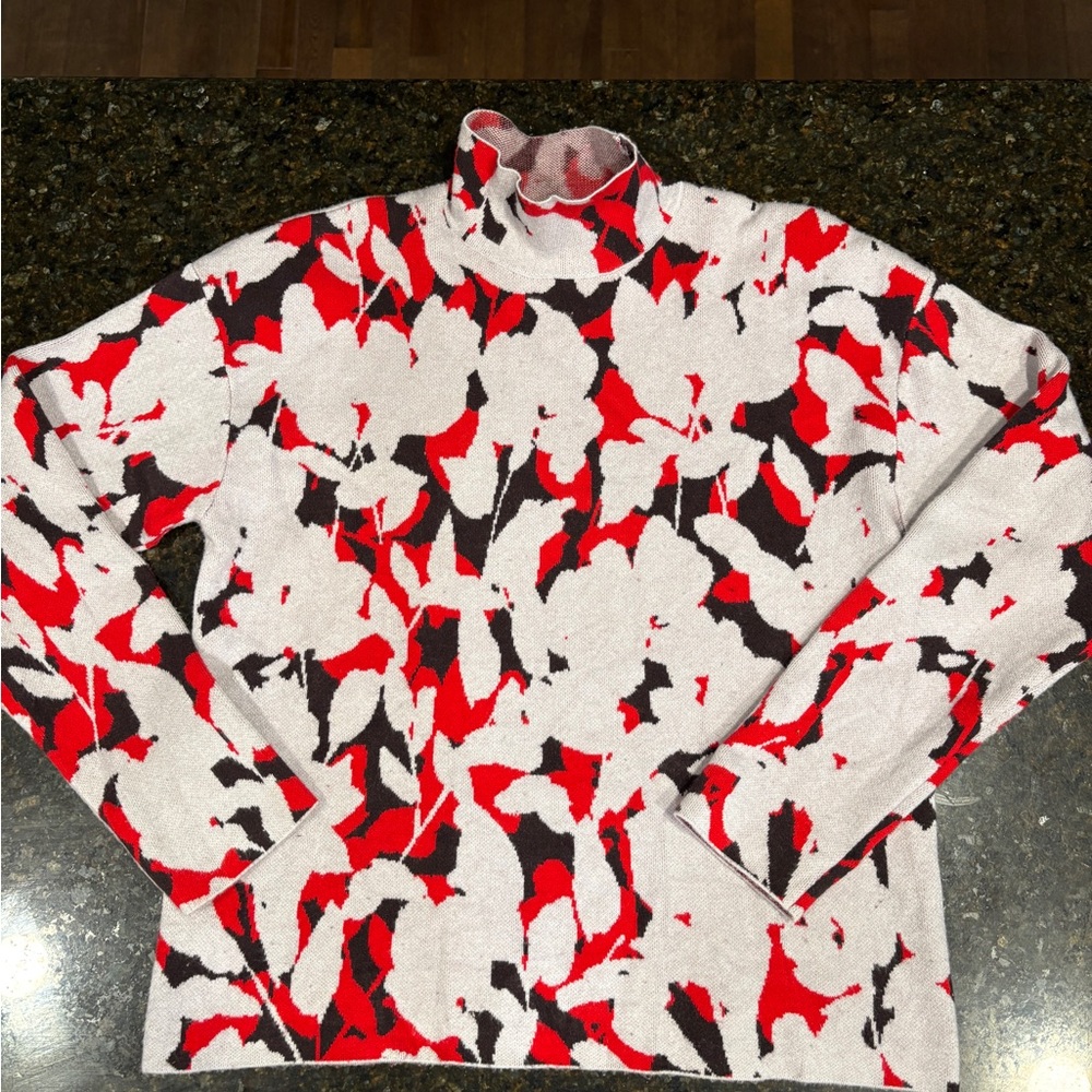 Anthropology Abstract Floral Turtleneck Sweater in Red, Black & White